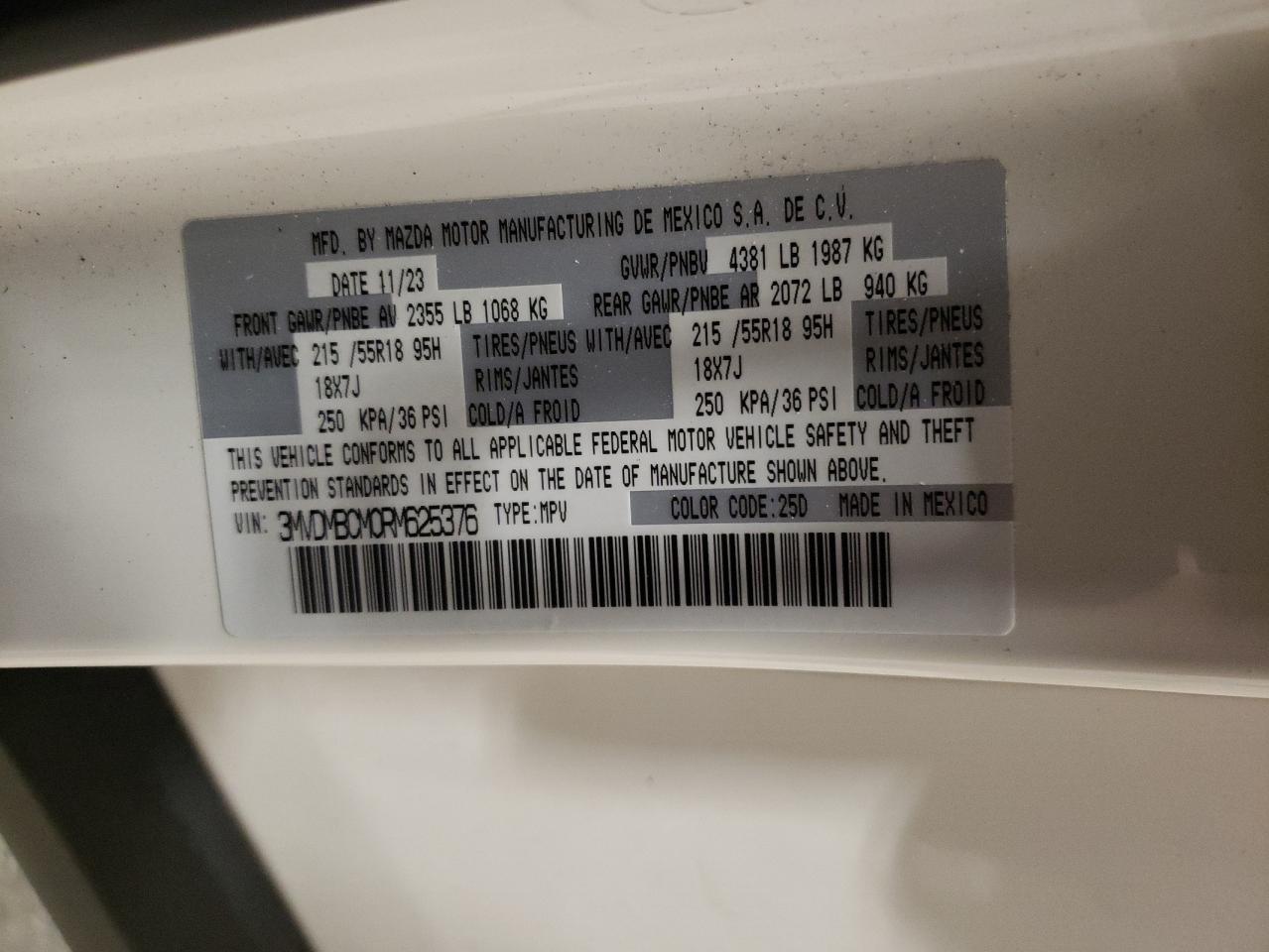 2024 MAZDA CX-30 PREFERRED VIN:3MVDMBCM0RM625376