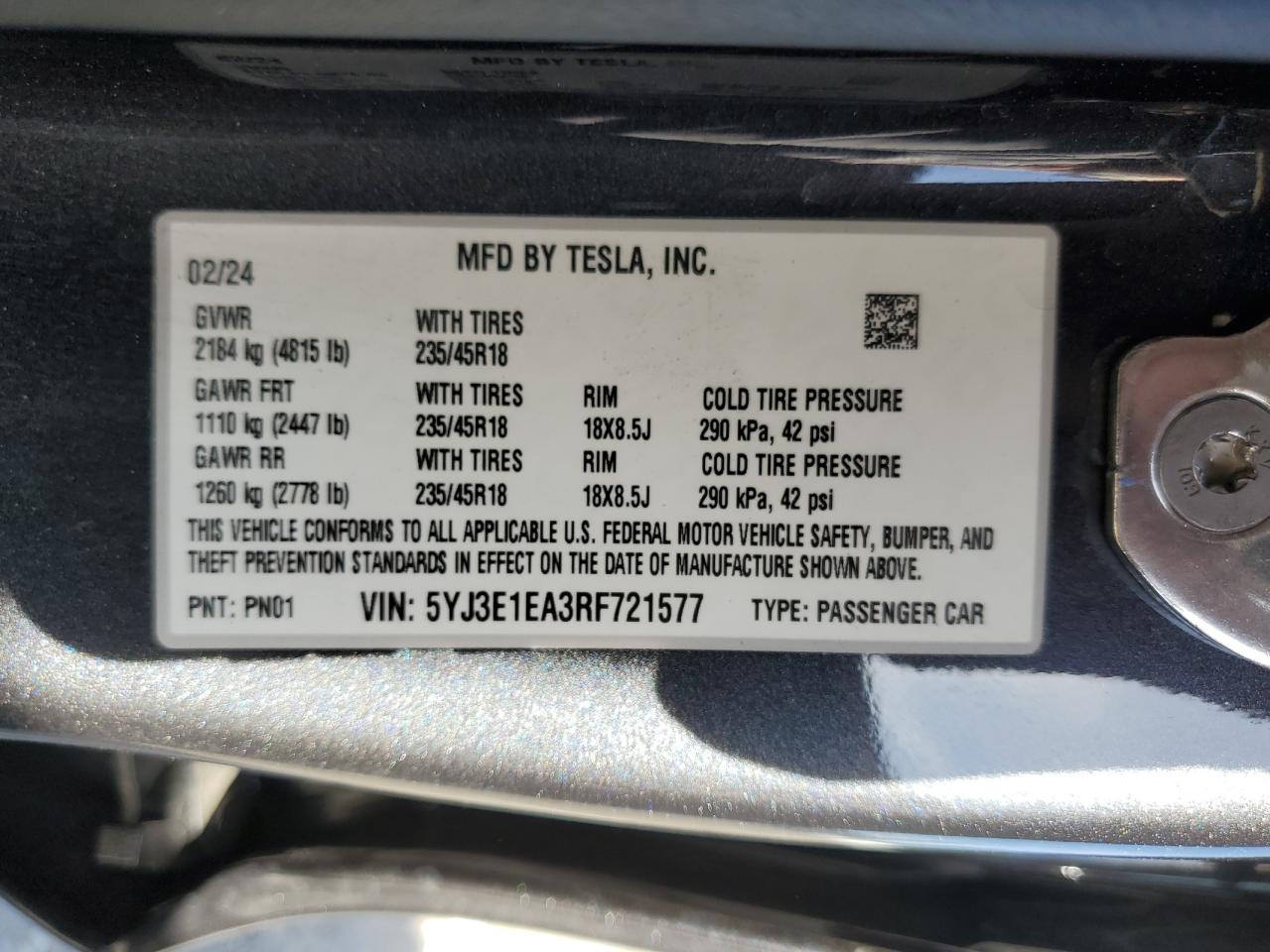 2024 TESLA MODEL 3  VIN:5YJ3E1EA3RF721577