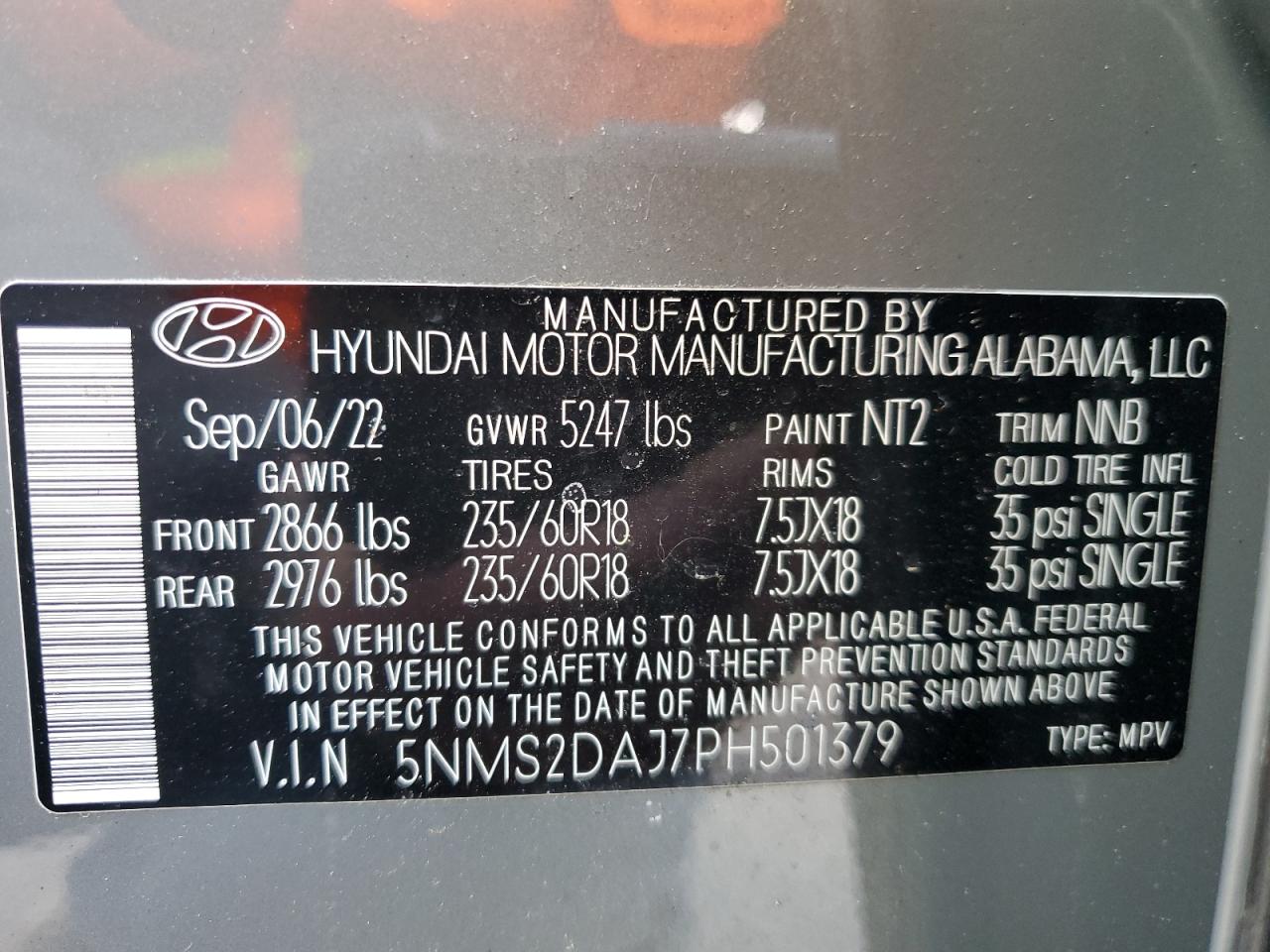 2023 HYUNDAI SANTA FE SEL VIN:5NMS2DAJ7PH501379