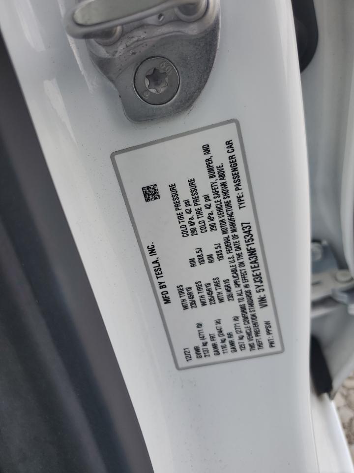 2022 TESLA MODEL 3  VIN:5YJ3E1EA3NF153437