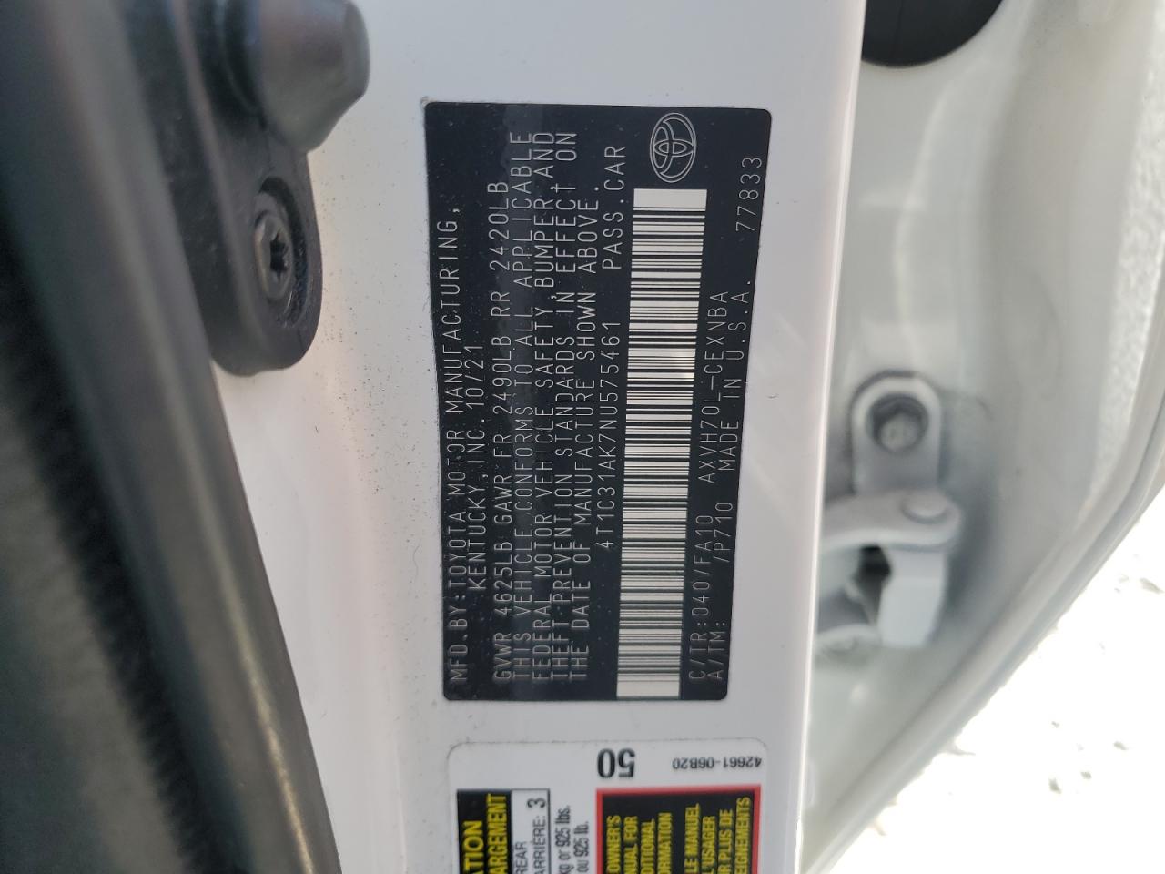 2022 TOYOTA CAMRY LE VIN:4T1C31AK7NU575461