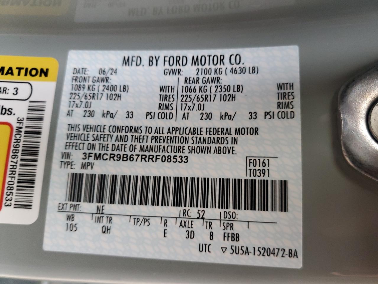 2024 FORD BRONCO SPORT BIG BEND VIN:3FMCR9B67RRF08533