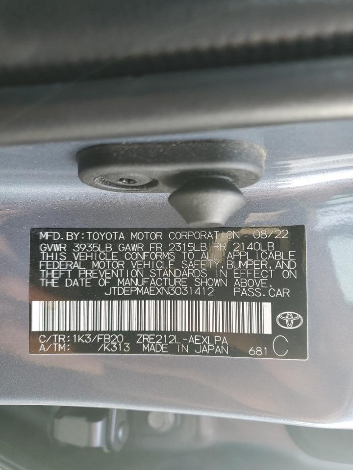 2022 TOYOTA COROLLA LE VIN:JTDEPMAEXN3031412
