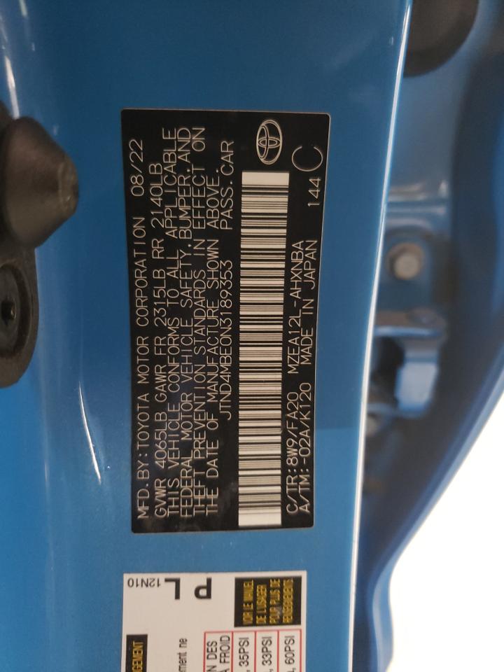 2022 TOYOTA COROLLA SE VIN:JTND4MBE0N3189353