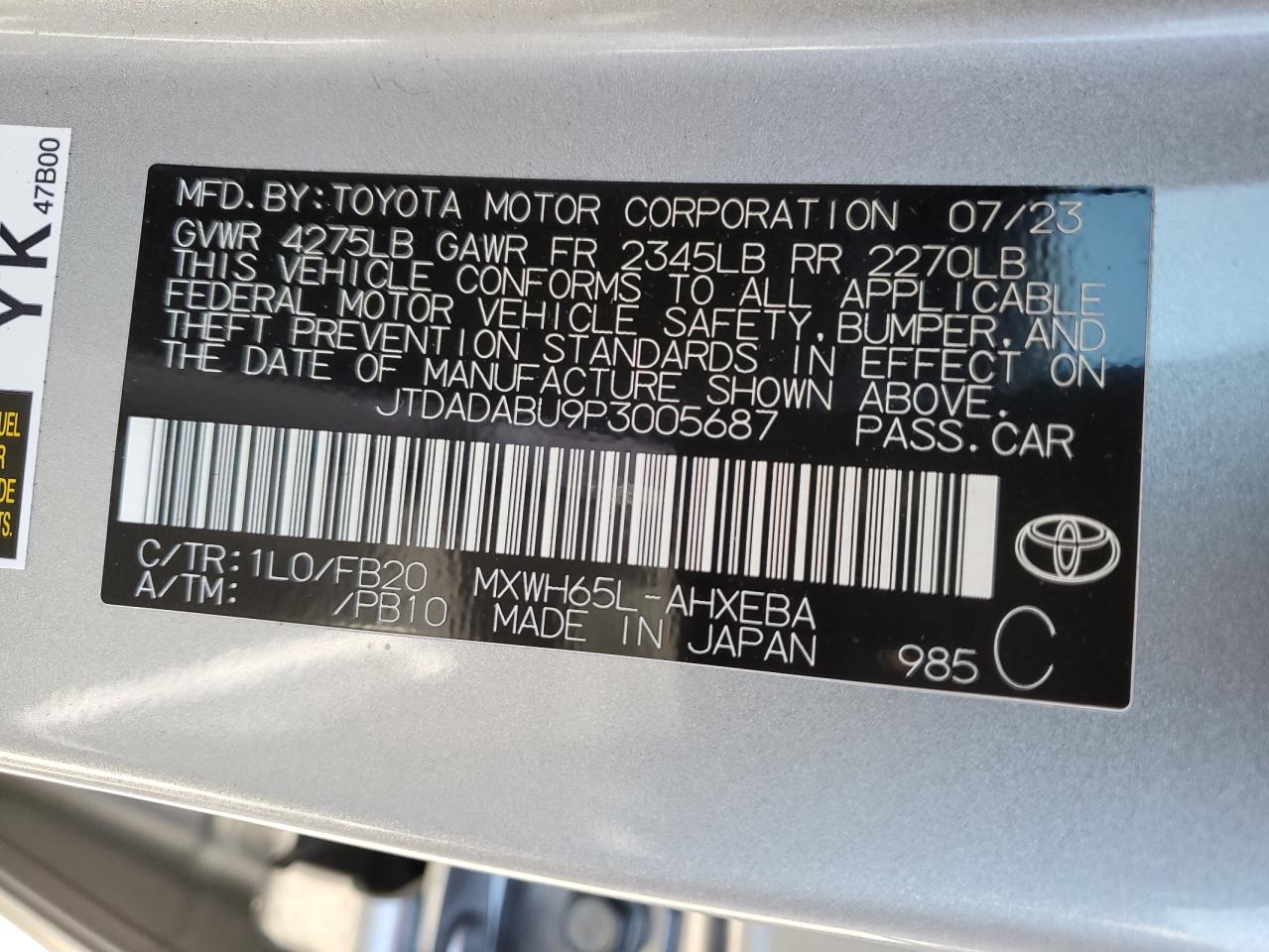 2023 TOYOTA PRIUS LE VIN:JTDADABU9P3005687