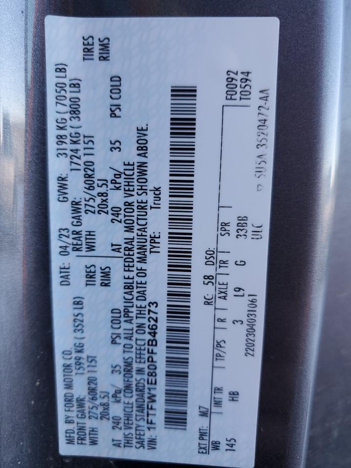 2023 FORD F150 SUPERCREW VIN:1FTFW1E80PFB46273