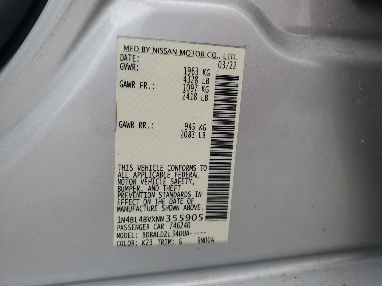 2022 NISSAN ALTIMA S VIN:1N4BL4BVXNN355905