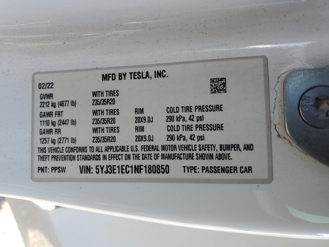 2022 TESLA MODEL 3  VIN:5YJ3E1EC1NF180850