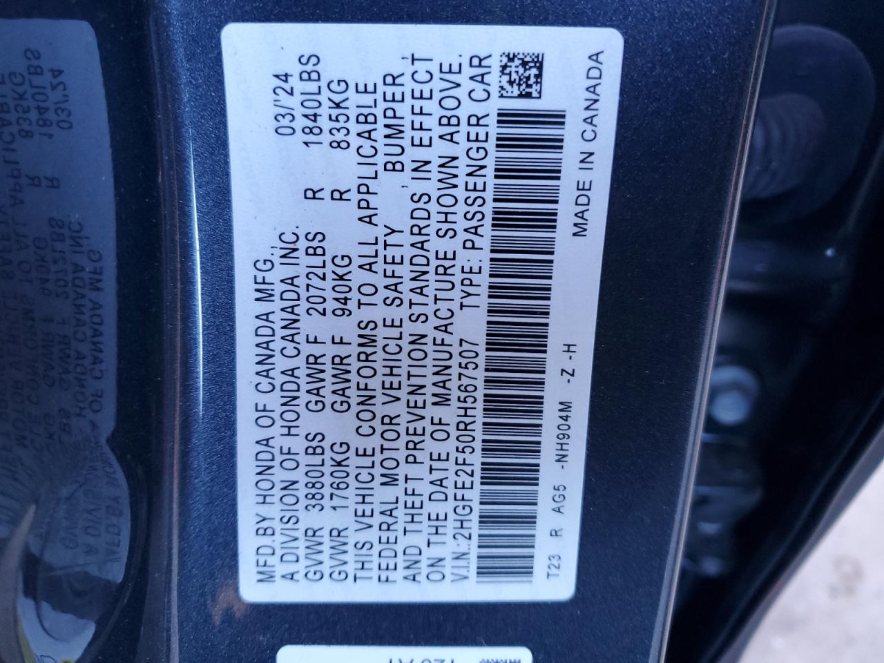 2024 HONDA CIVIC SPORT VIN:2HGFE2F50RH567507