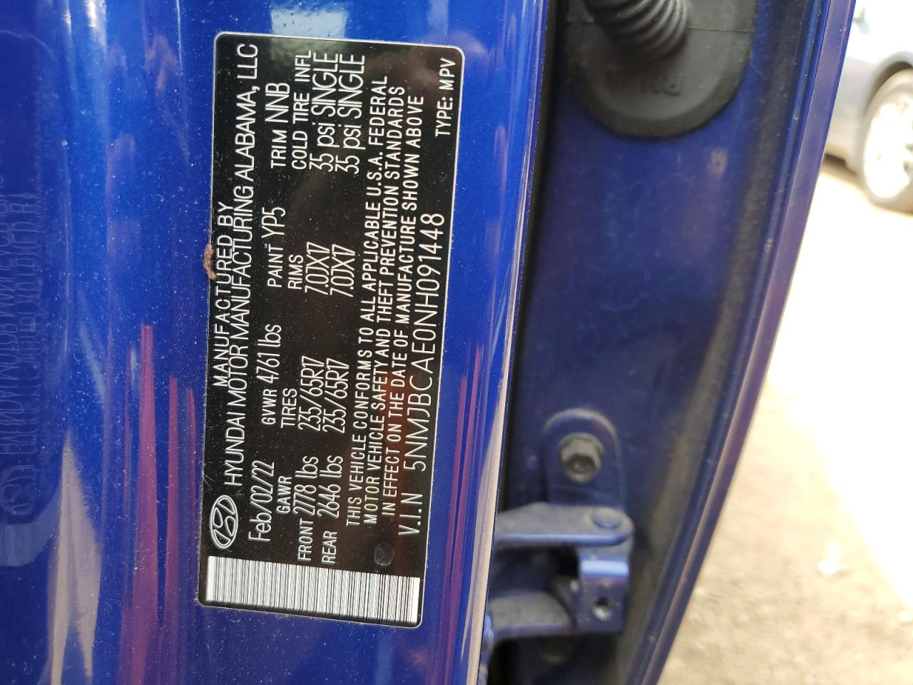 2022 HYUNDAI TUCSON SEL VIN:5NMJBCAE0NH091448