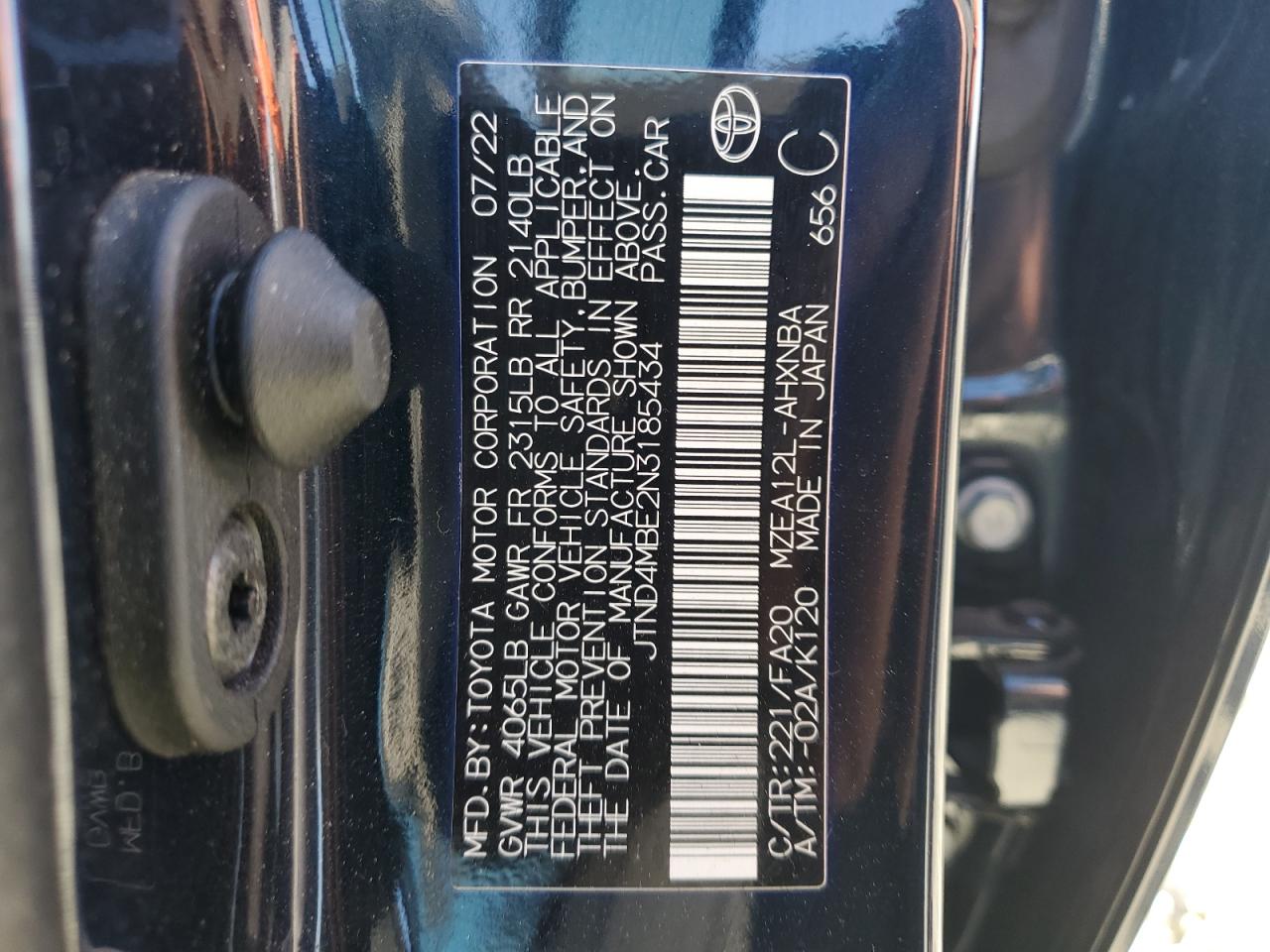 2022 TOYOTA COROLLA SE VIN:JTND4MBE2N3185434