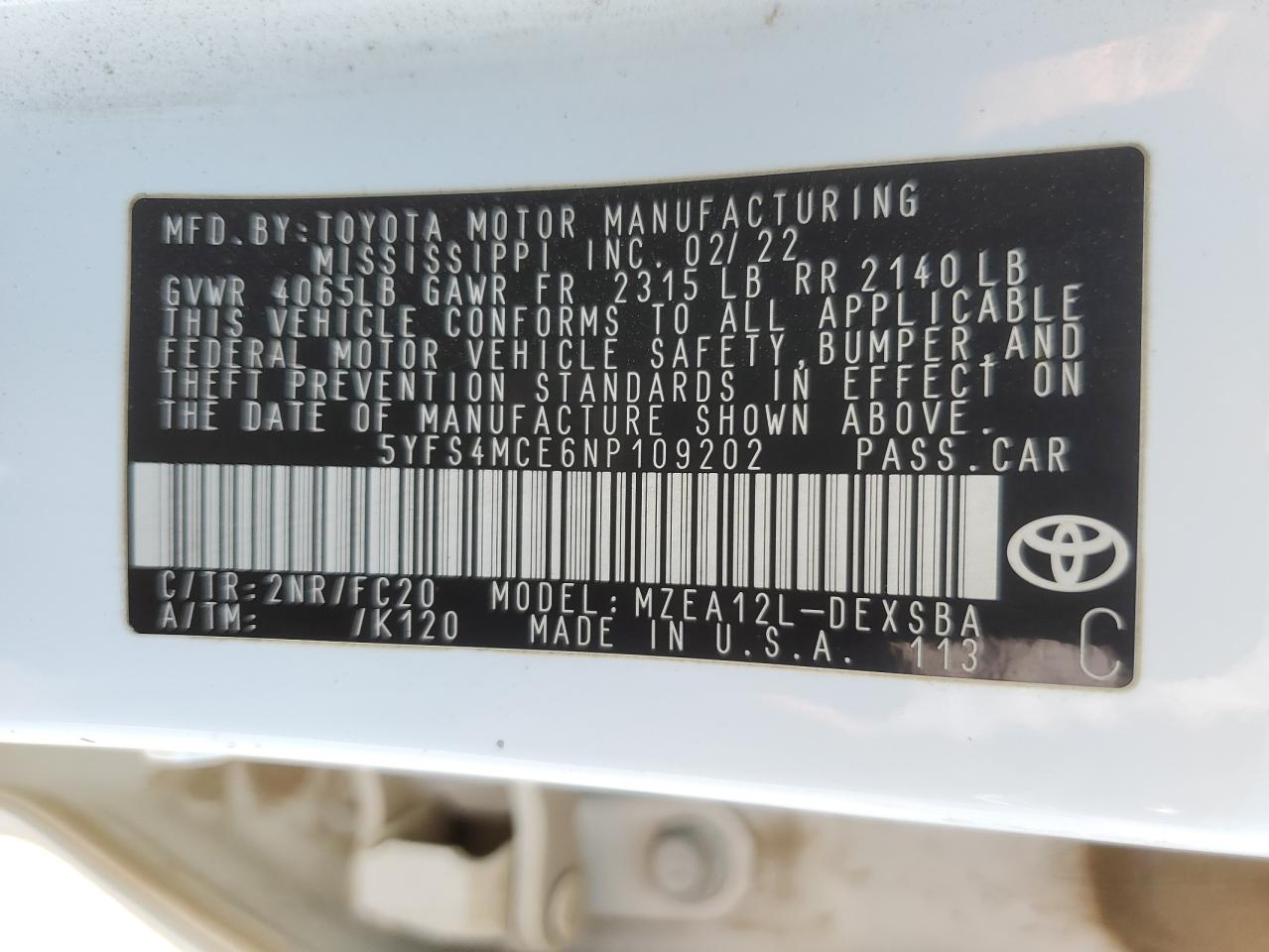 2022 TOYOTA COROLLA SE VIN:WP0AA2A8XNS255297