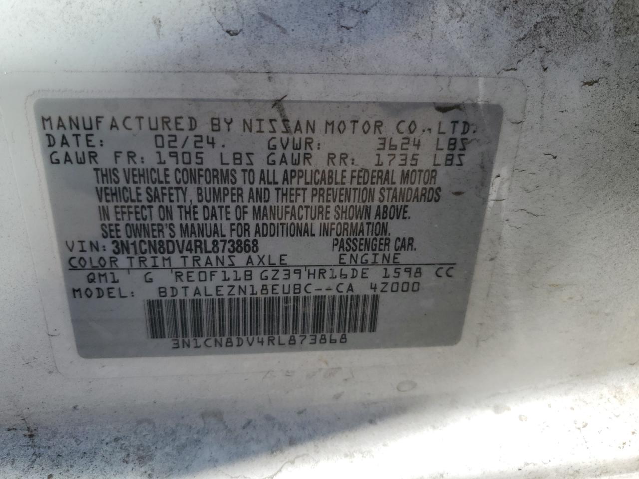 2024 NISSAN VERSA S VIN:3N1CN8DV4RL873868