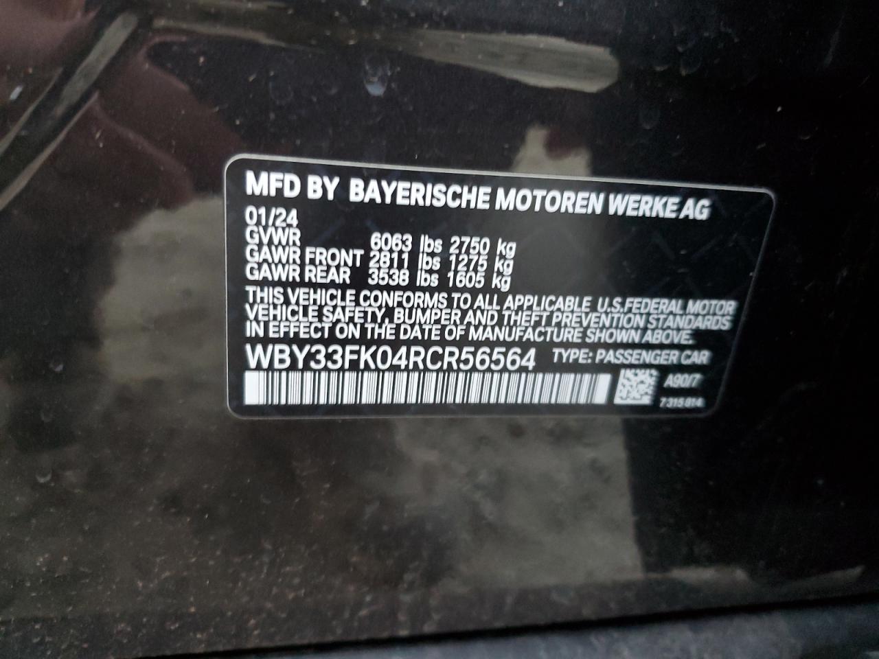 2024 BMW I5 EDRIVE 40 VIN:WBY33FK04RCR56564