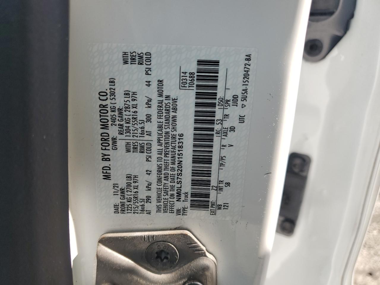 2022 FORD TRANSIT CONNECT XL VIN:NM0LS7S20N1518316