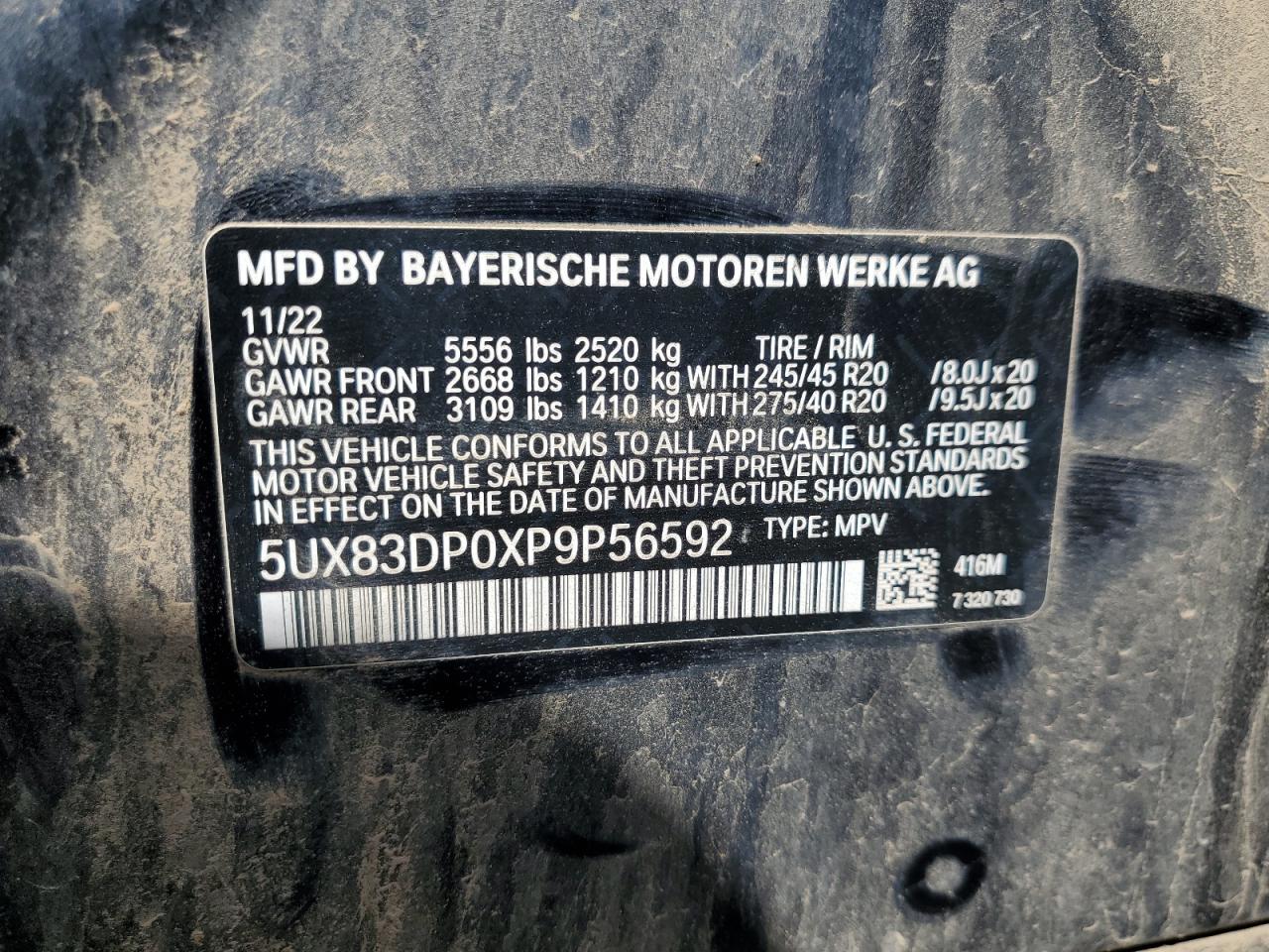 2023 BMW X3 M40I VIN:5UX83DP0XP9P56592