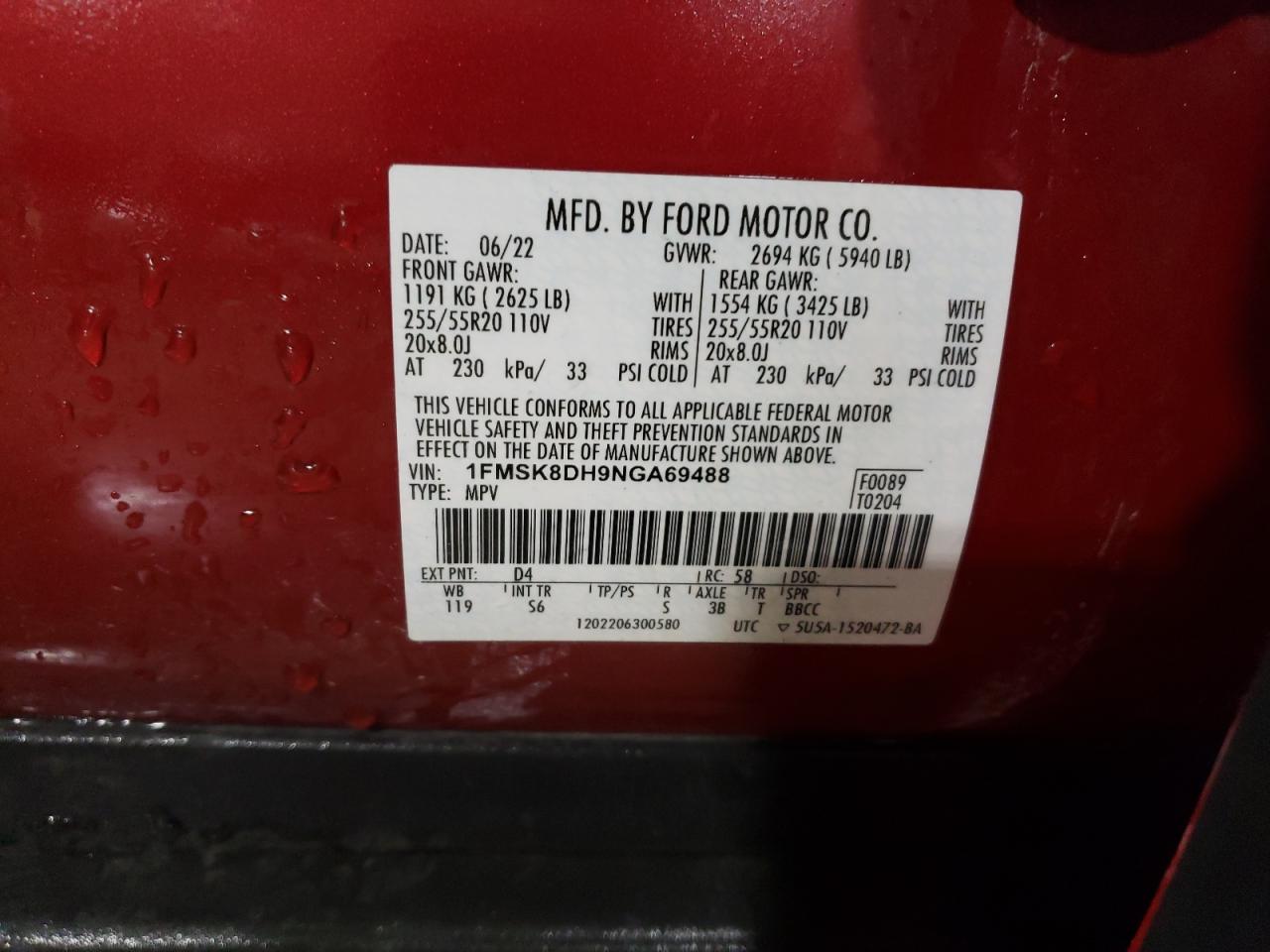 2022 FORD EXPLORER XLT VIN:1FMSK8DH9NGA69488