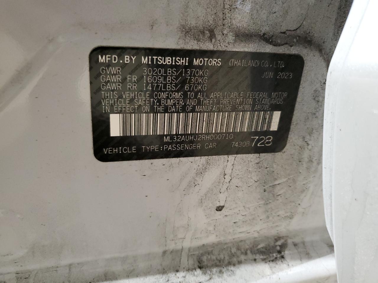 2024 MITSUBISHI MIRAGE ES VIN:ML32AUHJ2RH000710