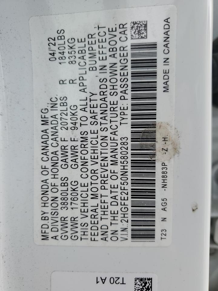 2022 HONDA CIVIC SPORT VIN:2HGFE2F50NH580283