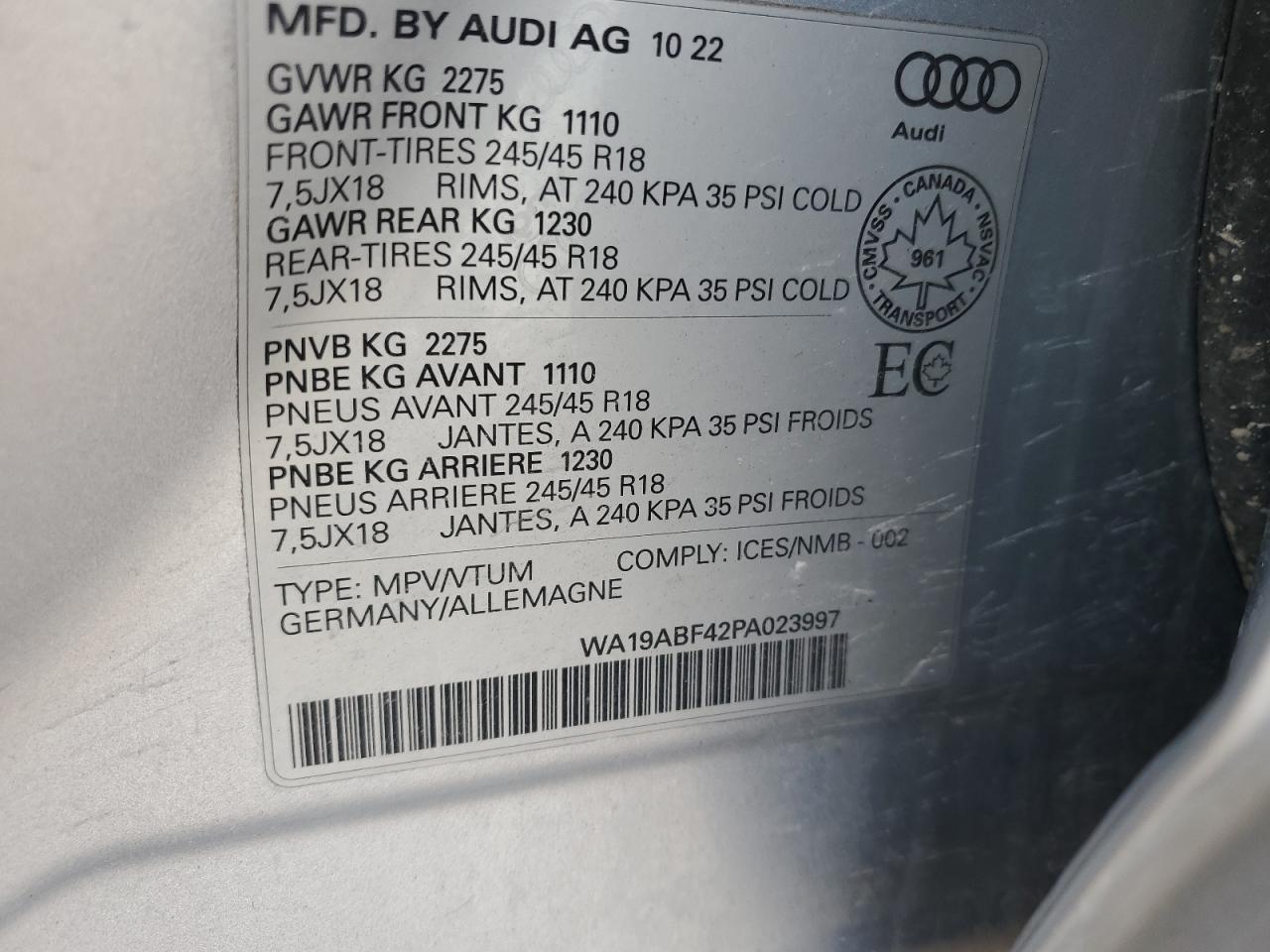 2023 AUDI A4 ALLROAD PRESTIGE VIN:WA19ABF42PA023997