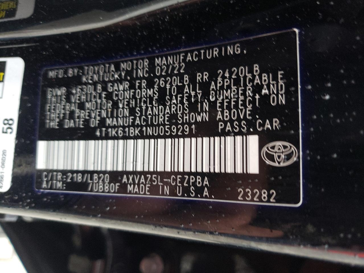 2022 TOYOTA CAMRY XSE VIN:4T1K61BK1NU059291