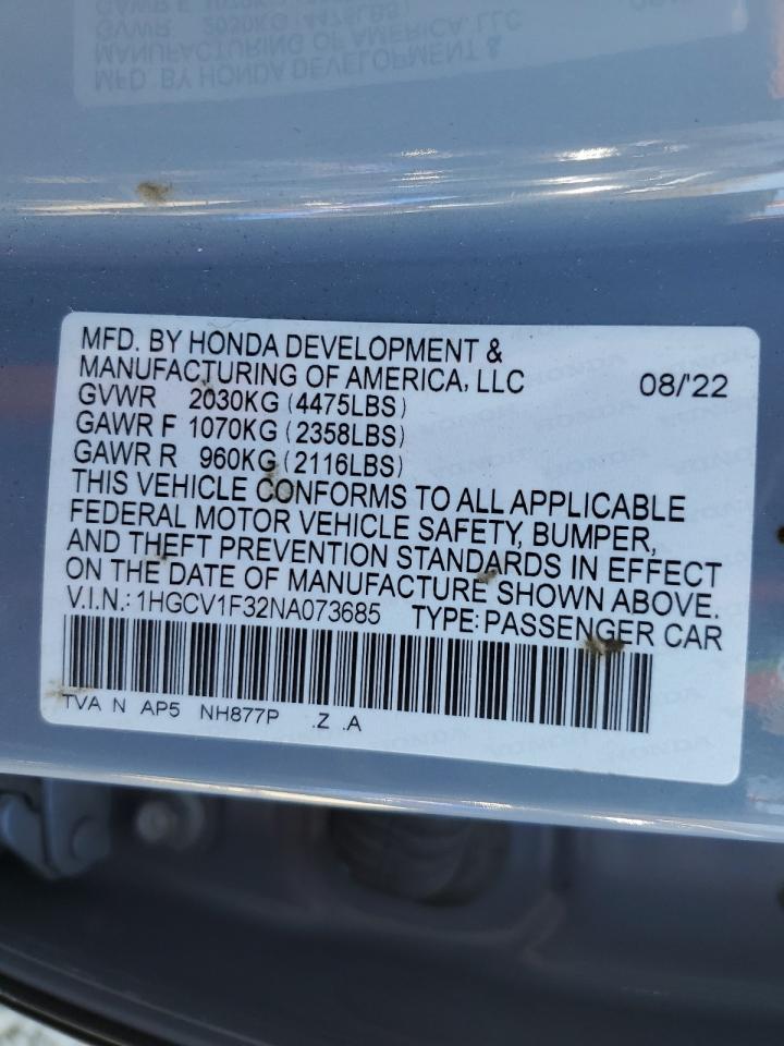 2022 HONDA ACCORD SPORT VIN:1HGCV1F32NA073685