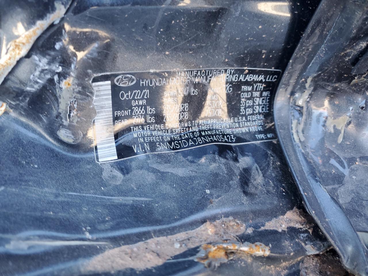 2022 HYUNDAI SANTA FE SE VIN:5NMS1DAJ8NH405423