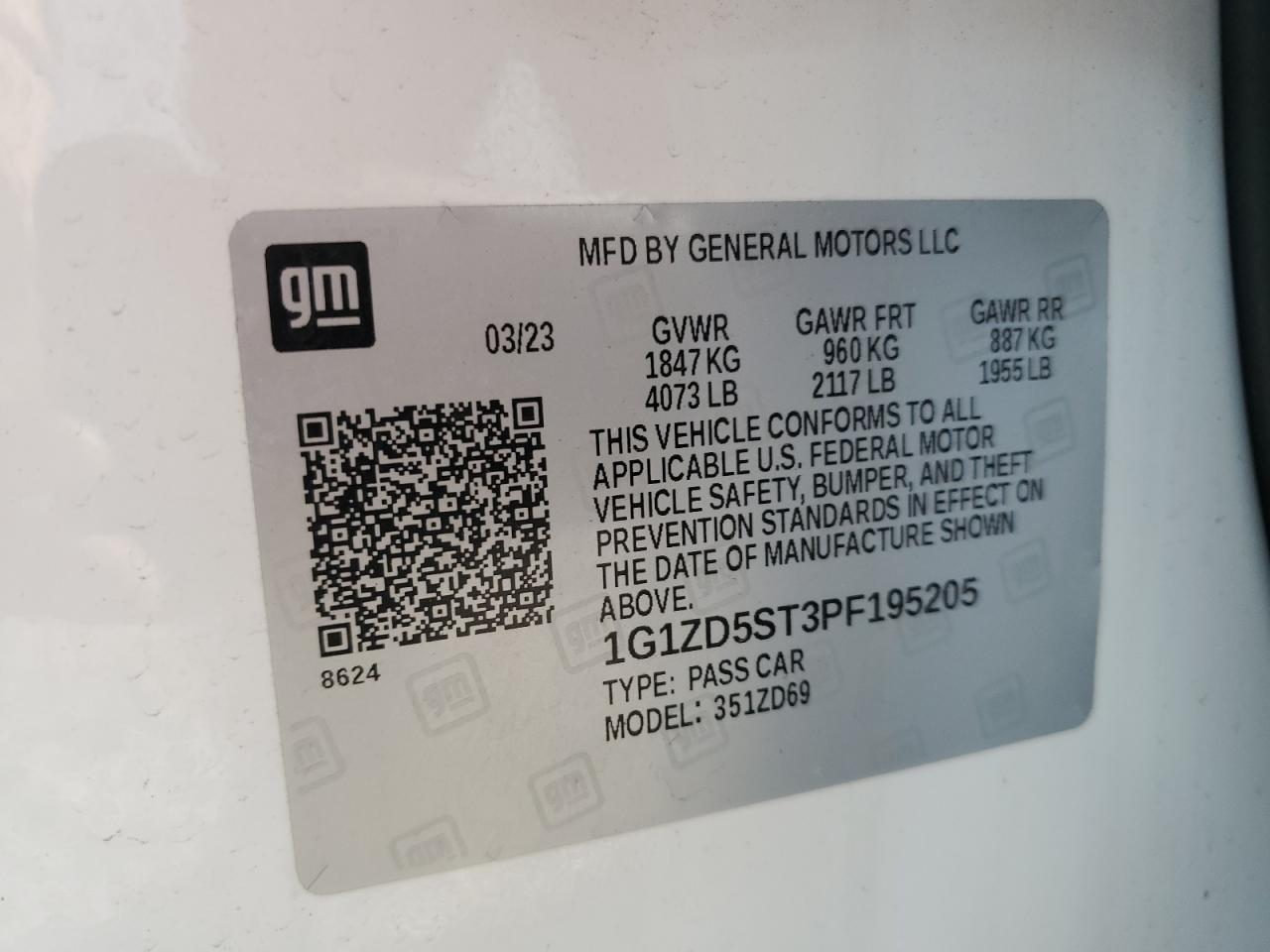 2023 CHEVROLET MALIBU LT VIN:1G1ZD5ST3PF195205