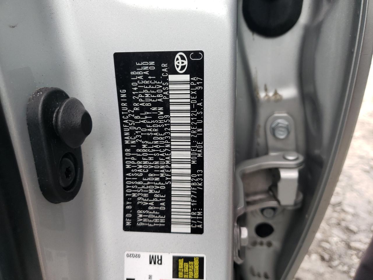 2022 TOYOTA COROLLA LE VIN:5YFEPMAE7NP332159