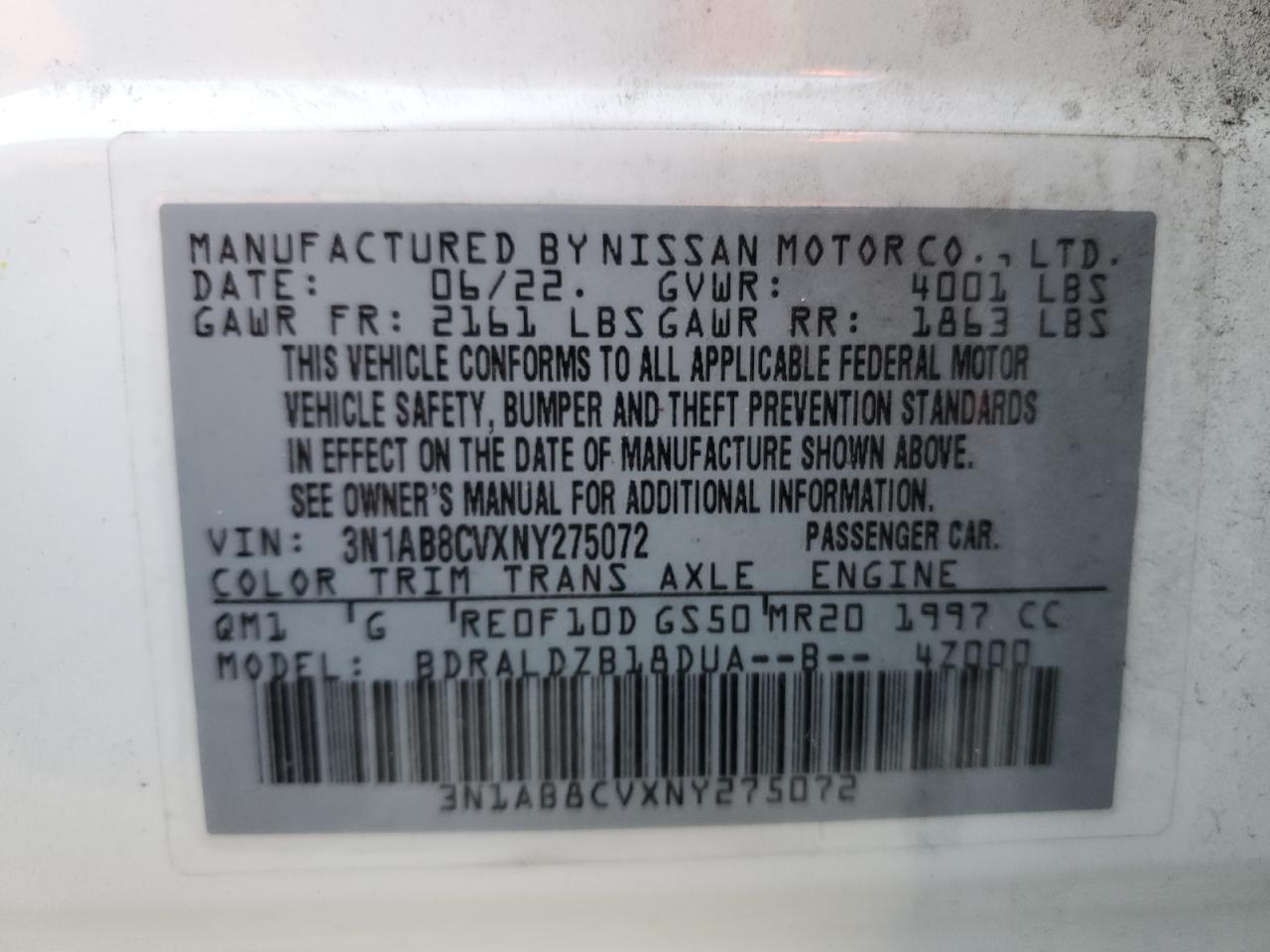 2022 NISSAN SENTRA SV VIN:3N1AB8CVXNY275072