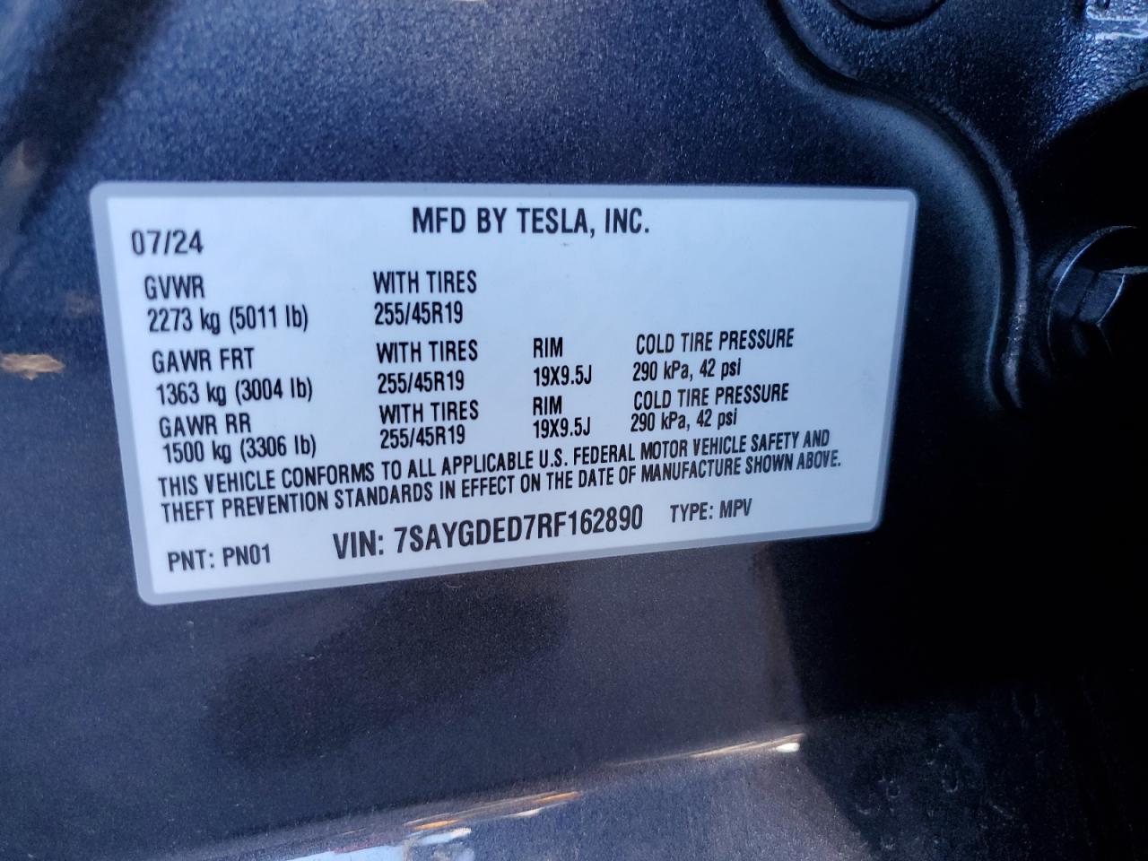 2024 TESLA MODEL Y  VIN:7SAYGDED7RF162890
