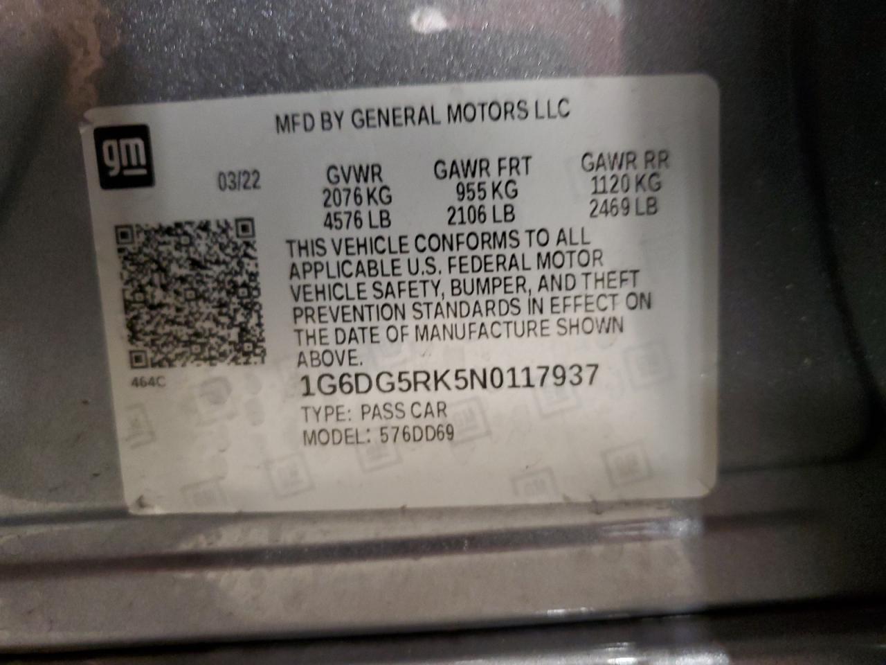 2022 CADILLAC CT4 SPORT VIN:1G6DG5RK5N0117937