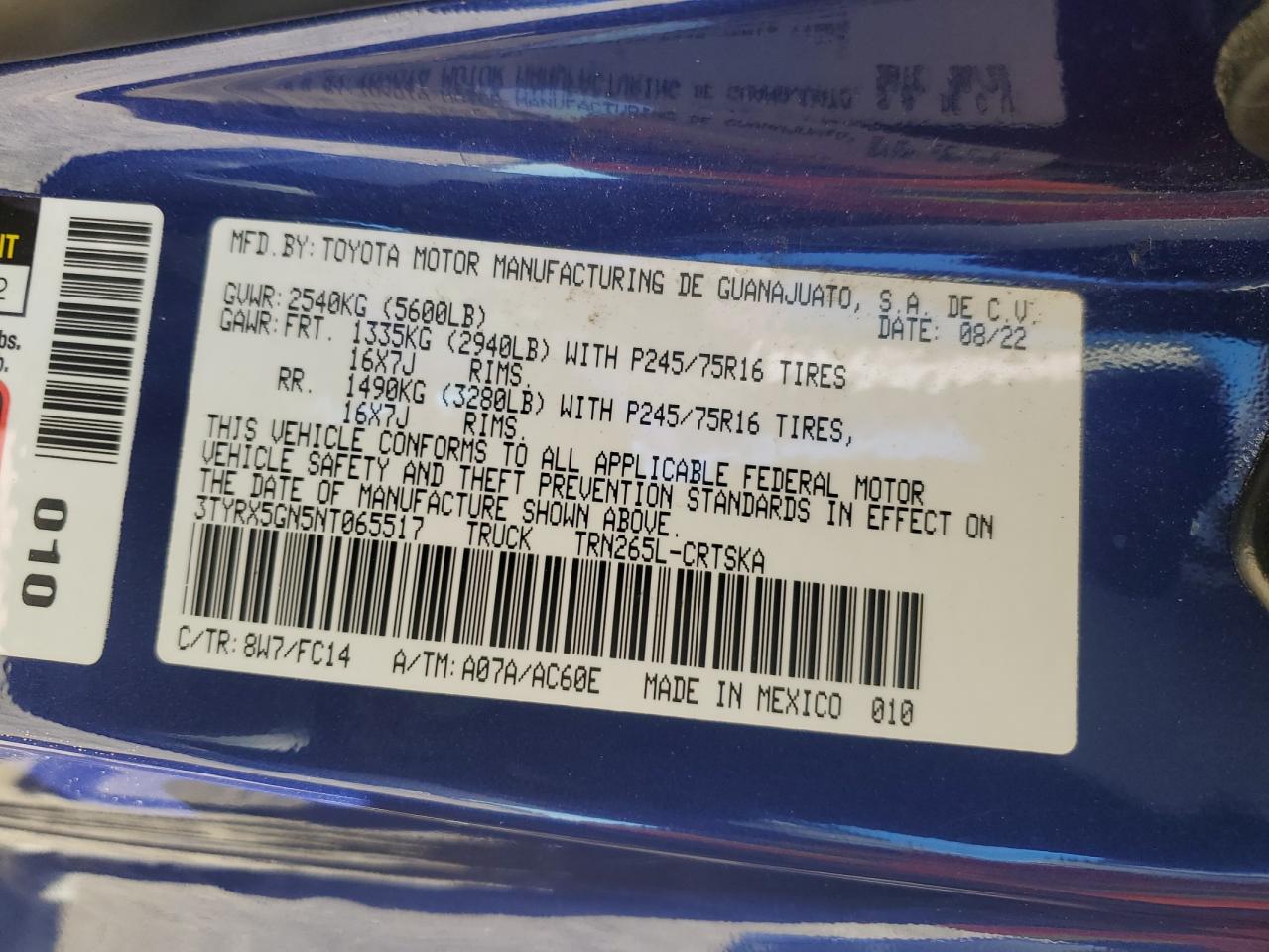 2022 TOYOTA TACOMA ACCESS CAB VIN:3TYRX5GN5NT065517