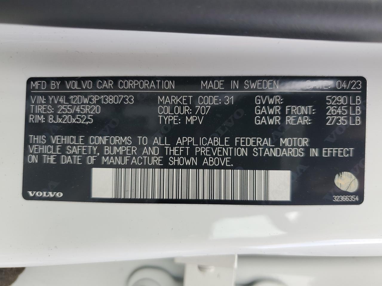 2023 VOLVO XC60 PLUS VIN:YV4L12DW3P1380733