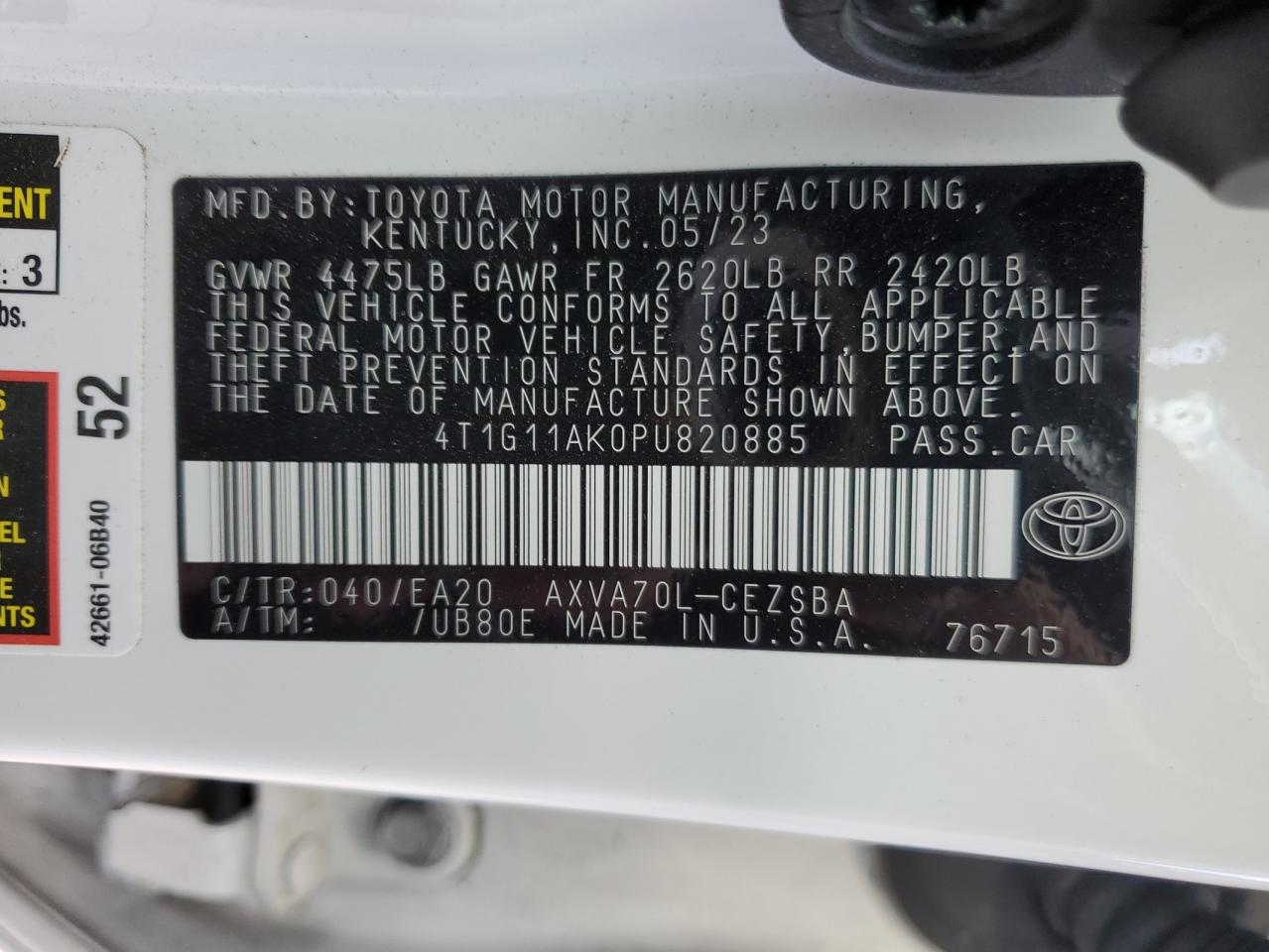 2023 TOYOTA CAMRY SE NIGHT SHADE VIN:4T1G11AK0PU820885