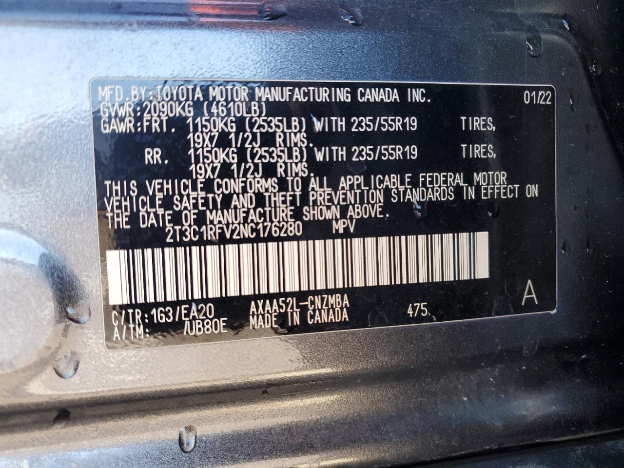 2022 TOYOTA RAV4 XLE PREMIUM VIN:2T3C1RFV2NC176280
