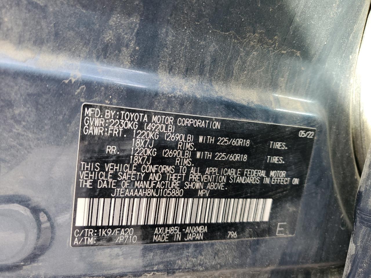 2022 TOYOTA VENZA LE VIN:JTEAAAAH8NJ105880