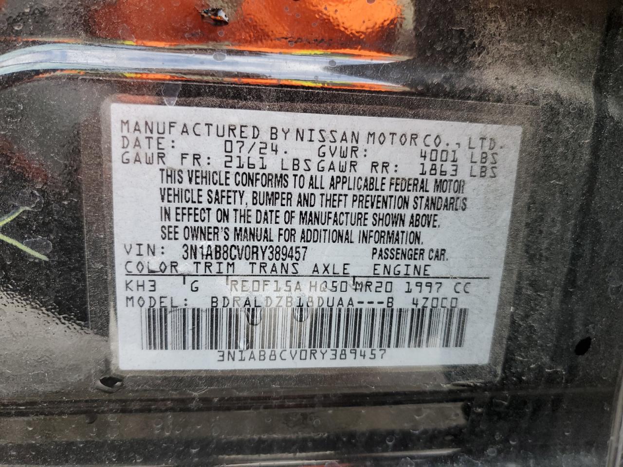 2024 NISSAN SENTRA SV VIN:3N1AB8CV0RY389457
