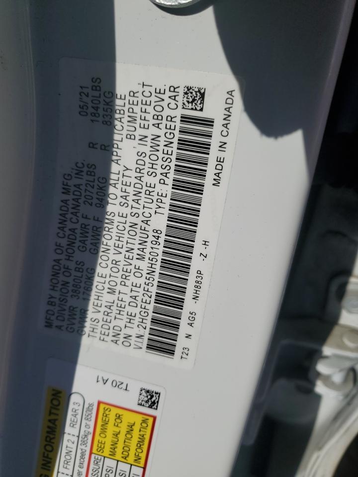 2022 HONDA CIVIC SPORT VIN:2HGFE2F55NH501948