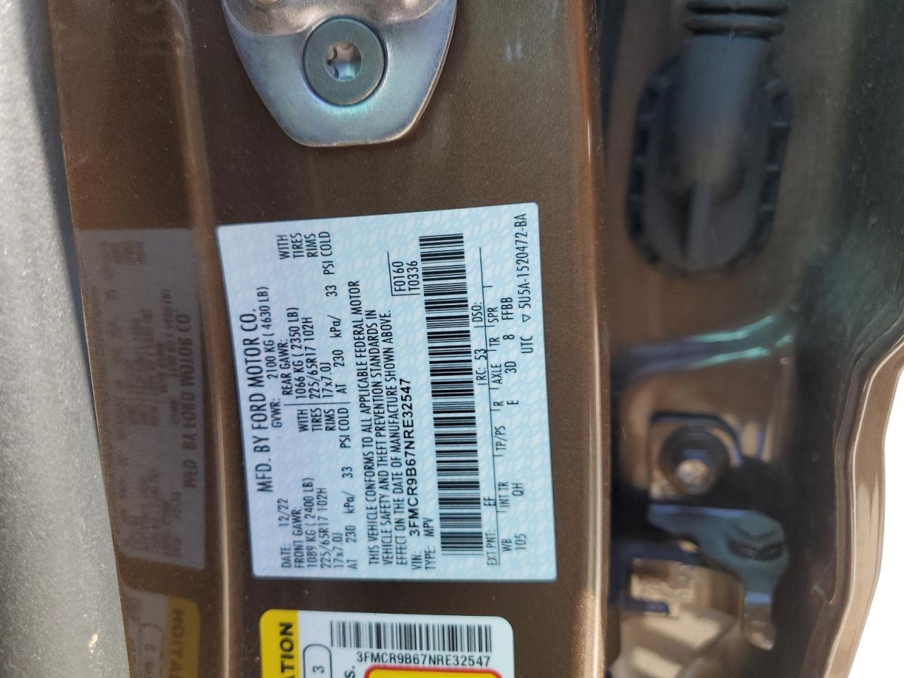 2022 FORD BRONCO SPORT BIG BEND VIN:3FMCR9B67NRE32547