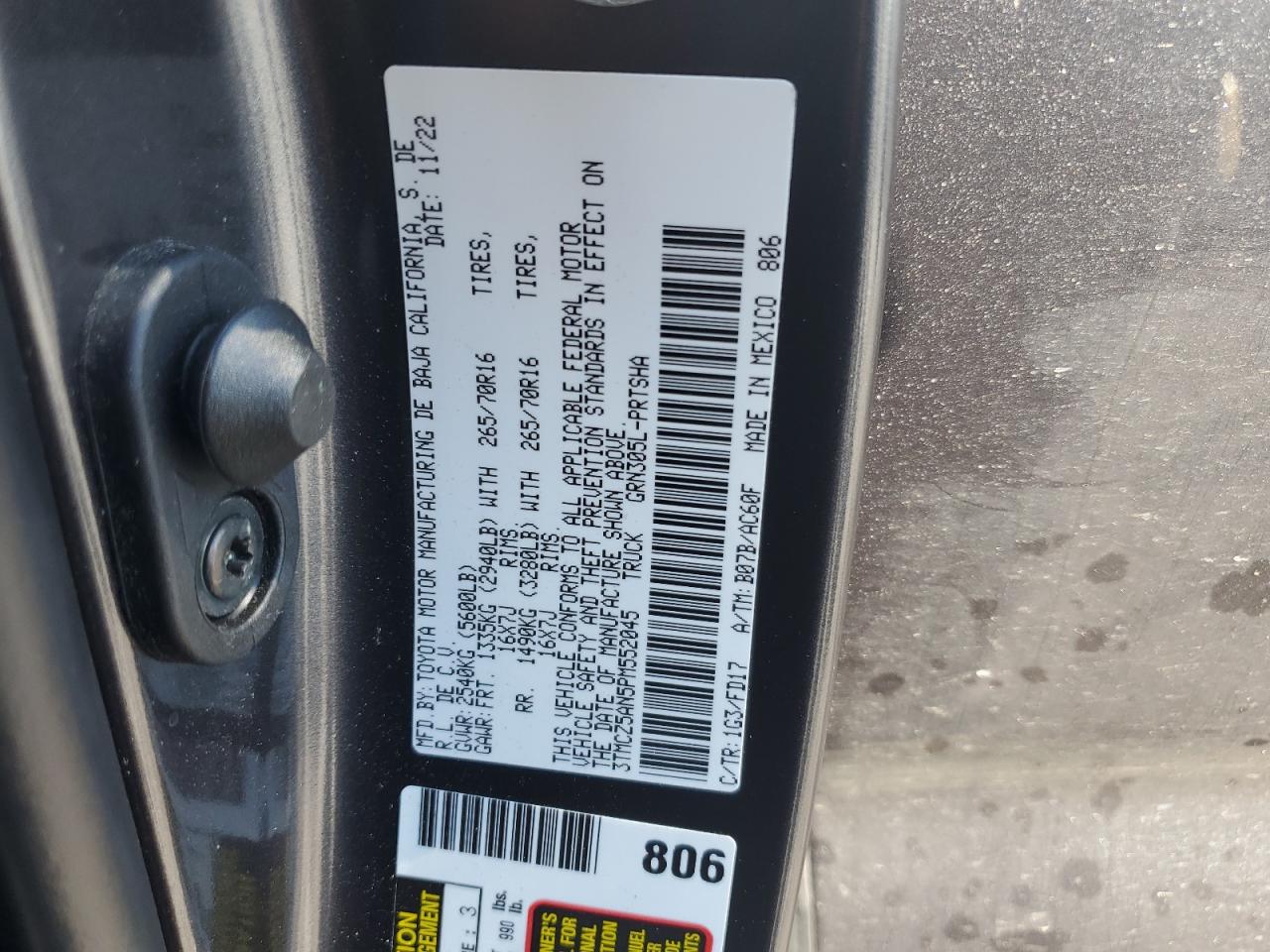 2023 TOYOTA TACOMA DOUBLE CAB VIN:3TMCZ5AN5PM552045