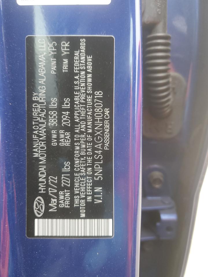 2022 HYUNDAI ELANTRA SEL VIN:5NPLS4AGXNH080718