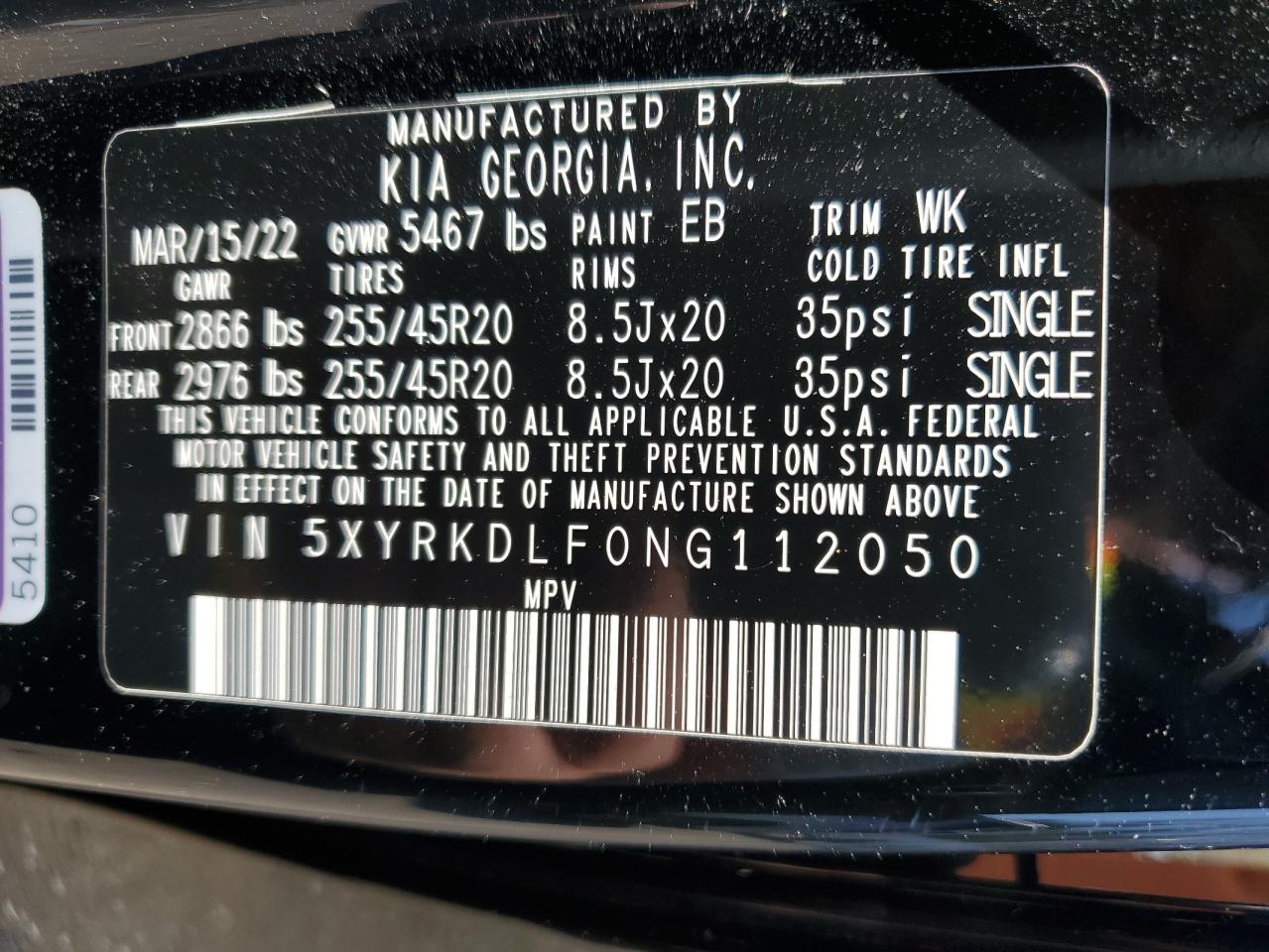 2022 KIA SORENTO SX VIN:5XYRKDLF0NG112050
