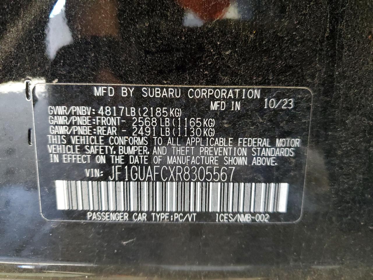 2024 SUBARU IMPREZA SPORT VIN:JF1GUAFCXR8305567