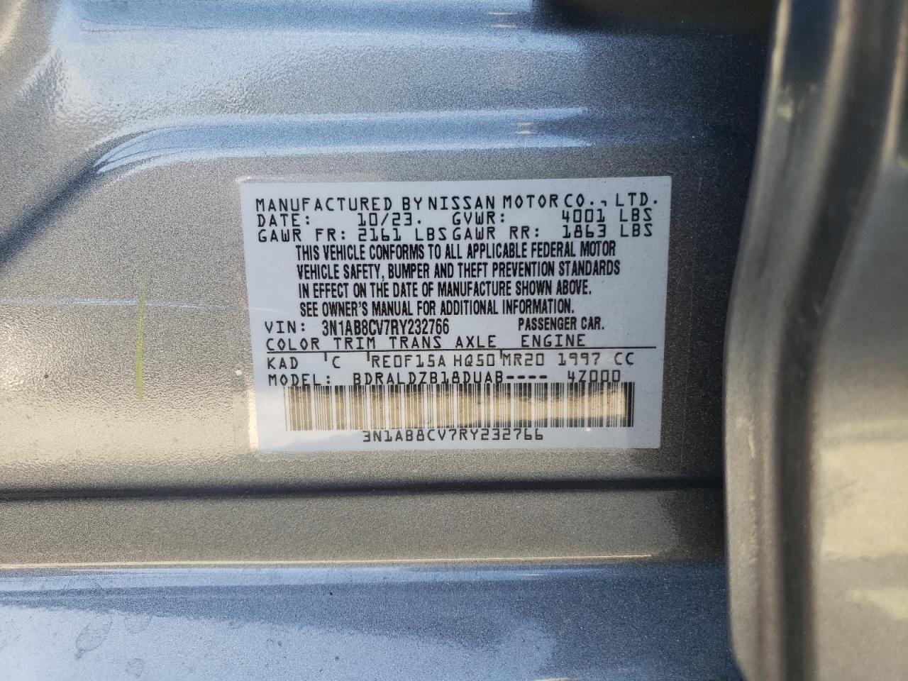2024 NISSAN SENTRA SV VIN:3N1AB8CV7RY232766