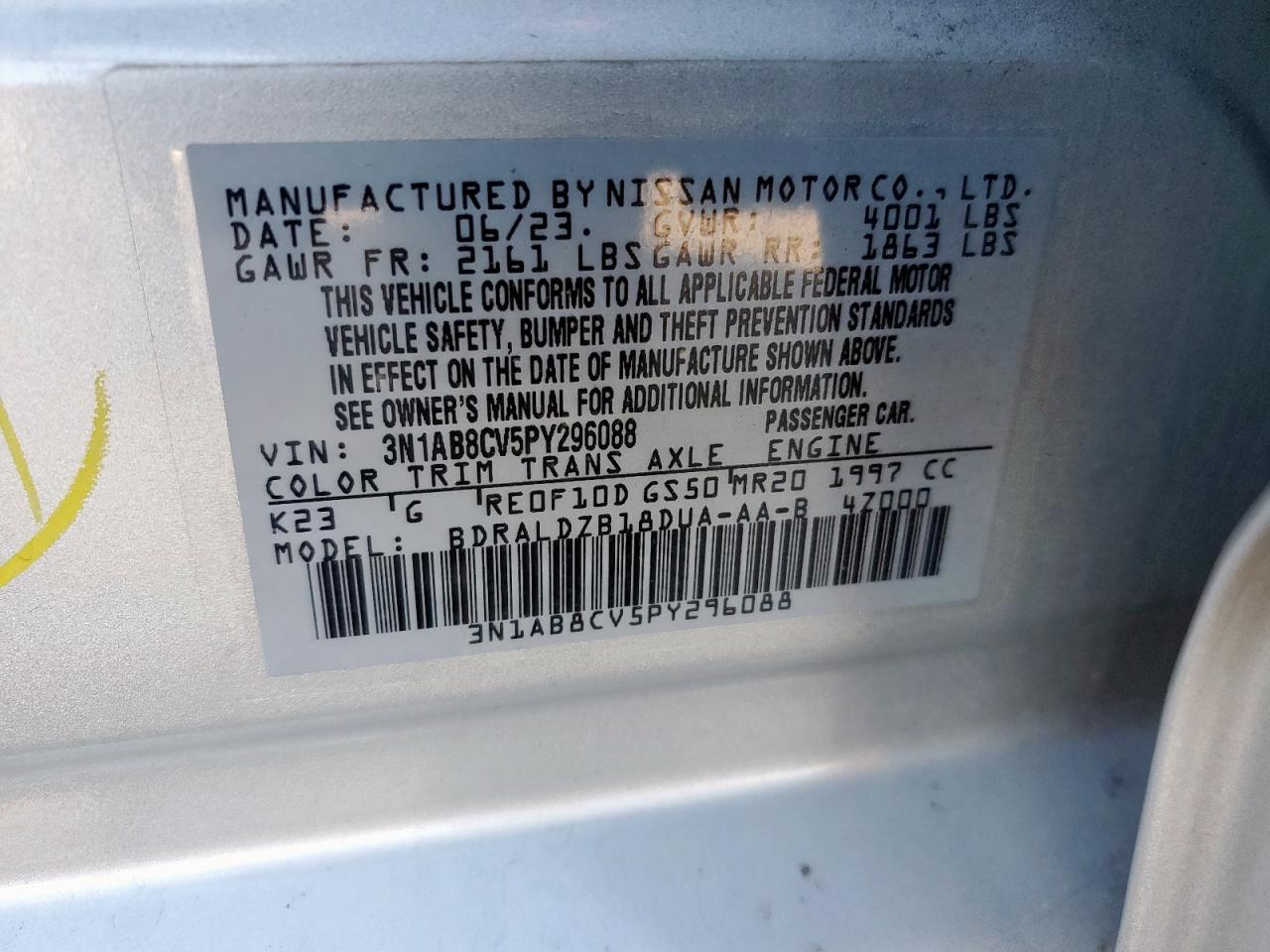 2023 NISSAN SENTRA SV VIN:3N1AB8CV5PY296088