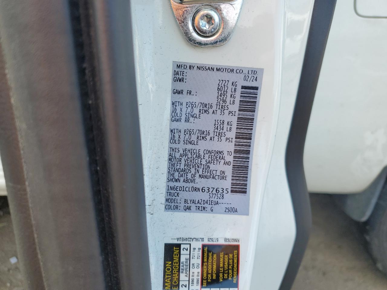 2024 NISSAN FRONTIER S VIN:1N6ED1CL0RN637635