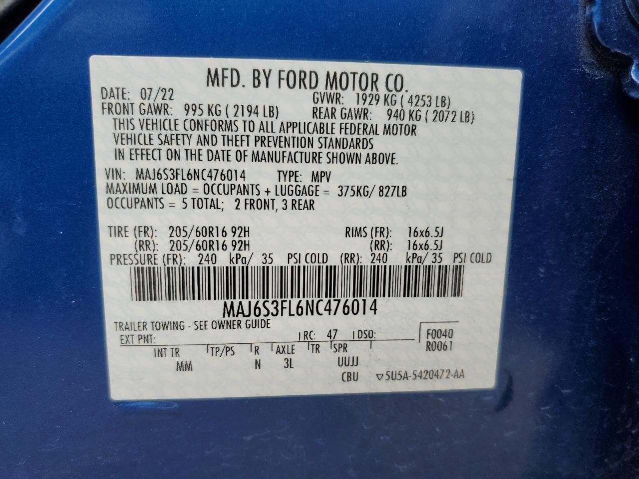 2022 FORD ECOSPORT S VIN:MAJ6S3FL6NC476014
