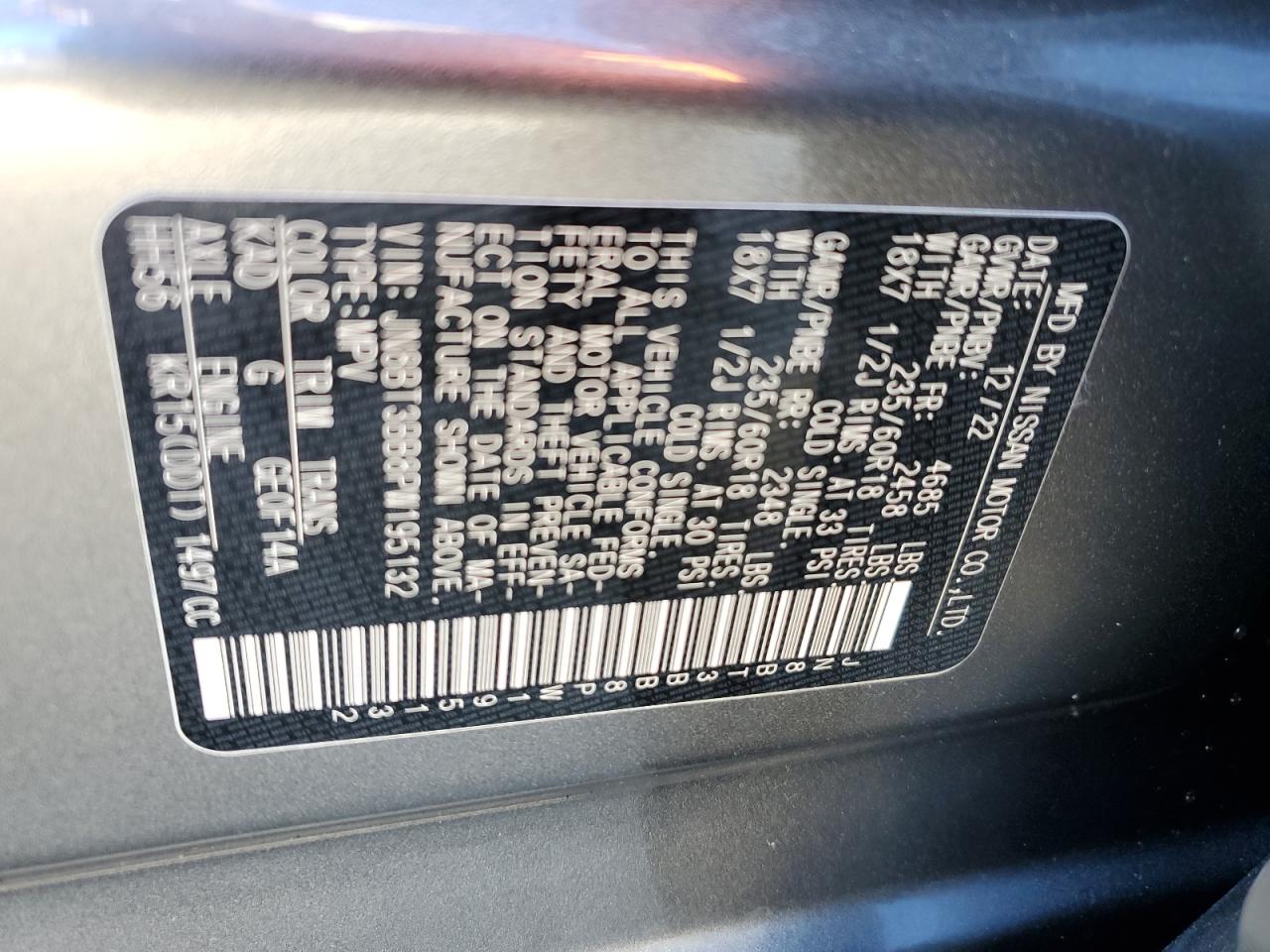 2023 NISSAN ROGUE SV VIN:JN8BT3BB8PW195132