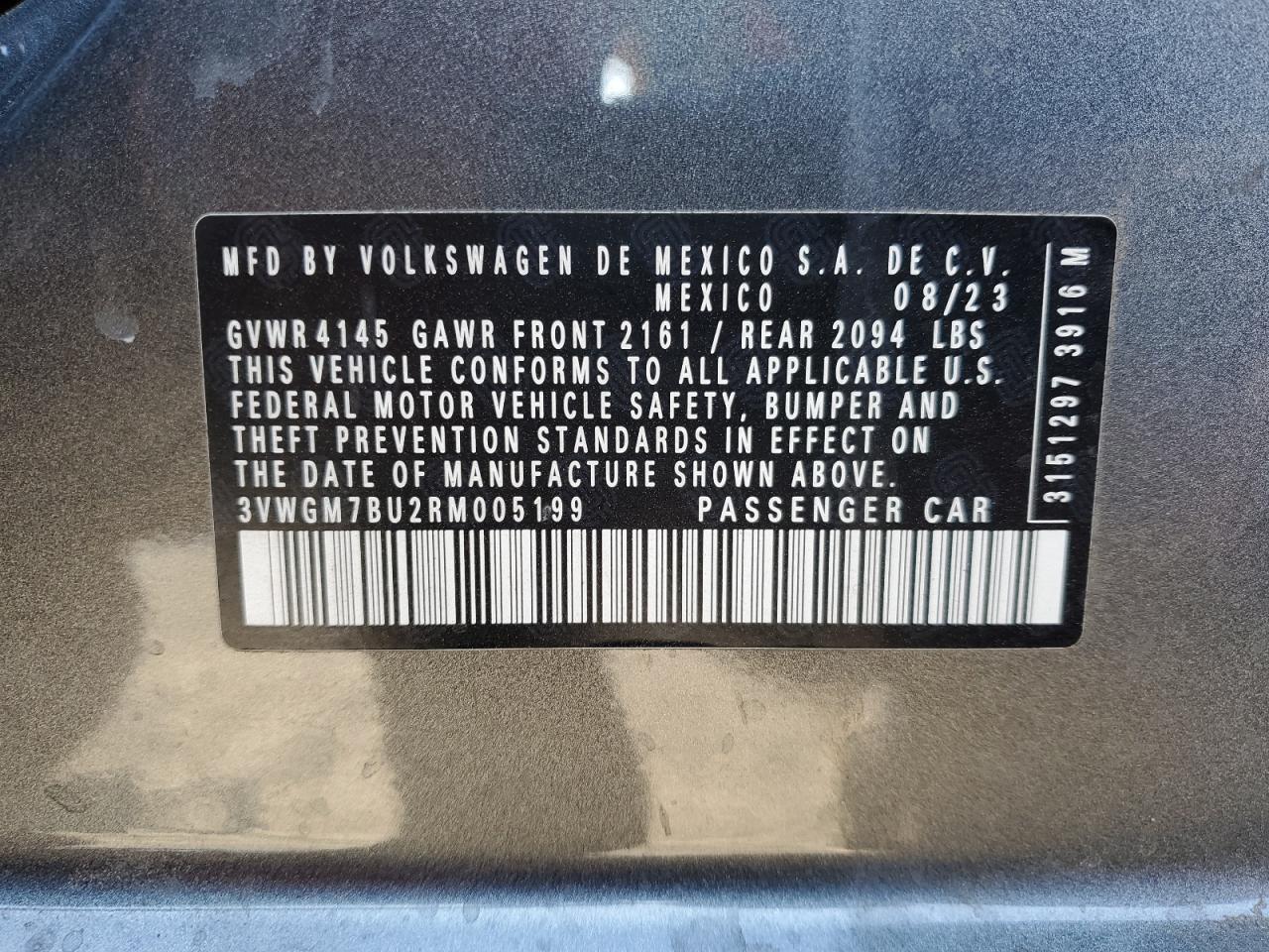 2024 VOLKSWAGEN JETTA SEL VIN:3VWGM7BU2RM005199